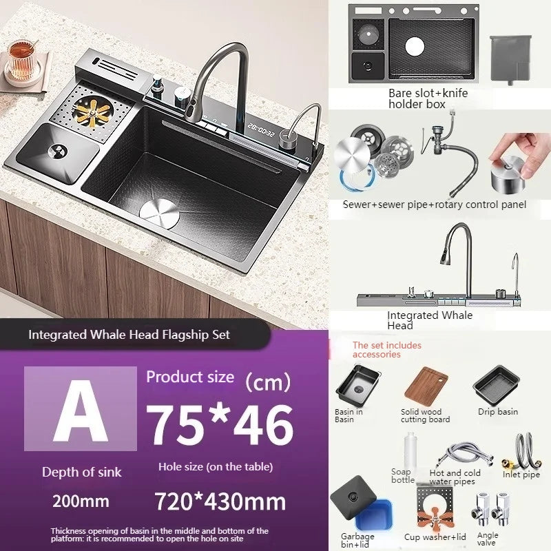 Waterfall Kitchen Sink Stainless Steel Extra Large Single Slot Cup Washer Embossed Digital Display Multifunctional Sinks