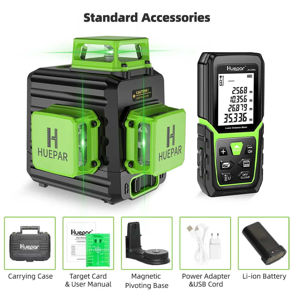 Huepar 12 Lines 3D Green Laser Level Horizontal And Vertical Cross Lines Auto Self-Leveling With Hard Case, Indoors and Outdoors