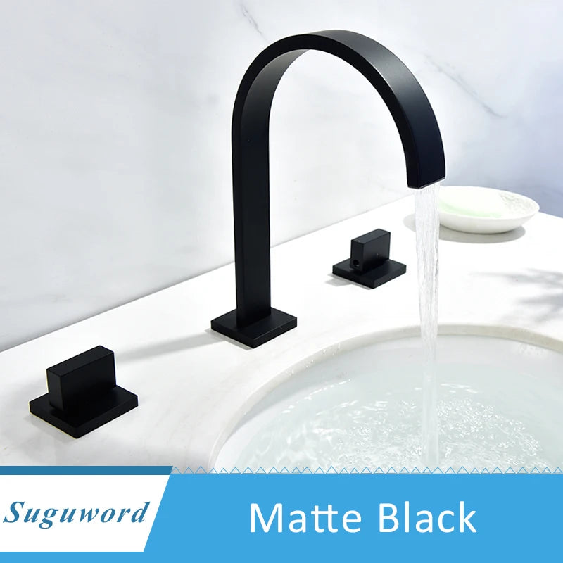 Bathroom Basin Faucet Separated Deck Mount Three Hole Daul Handwheel Cold Hot Water Mixer Bathroom Washing Sink Crane