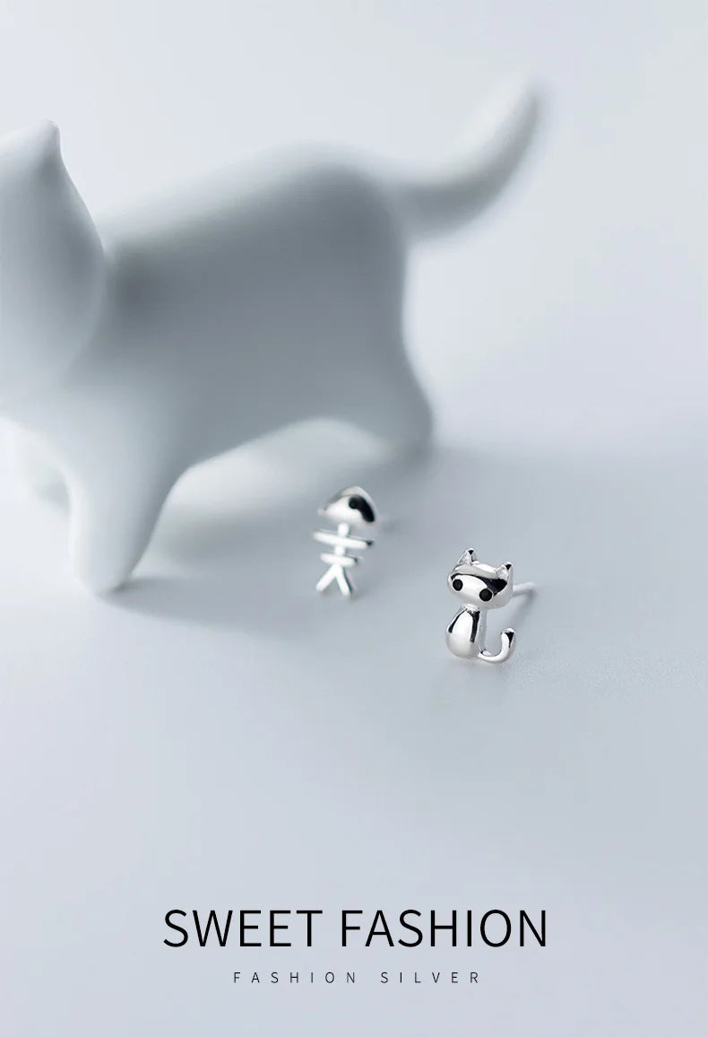 Trustdavis Genuine 925 Sterling Silver Sweet Asymmetric Cat Fish Bone CZ Stud Earrings For Women Wedding Jewelry DS2174