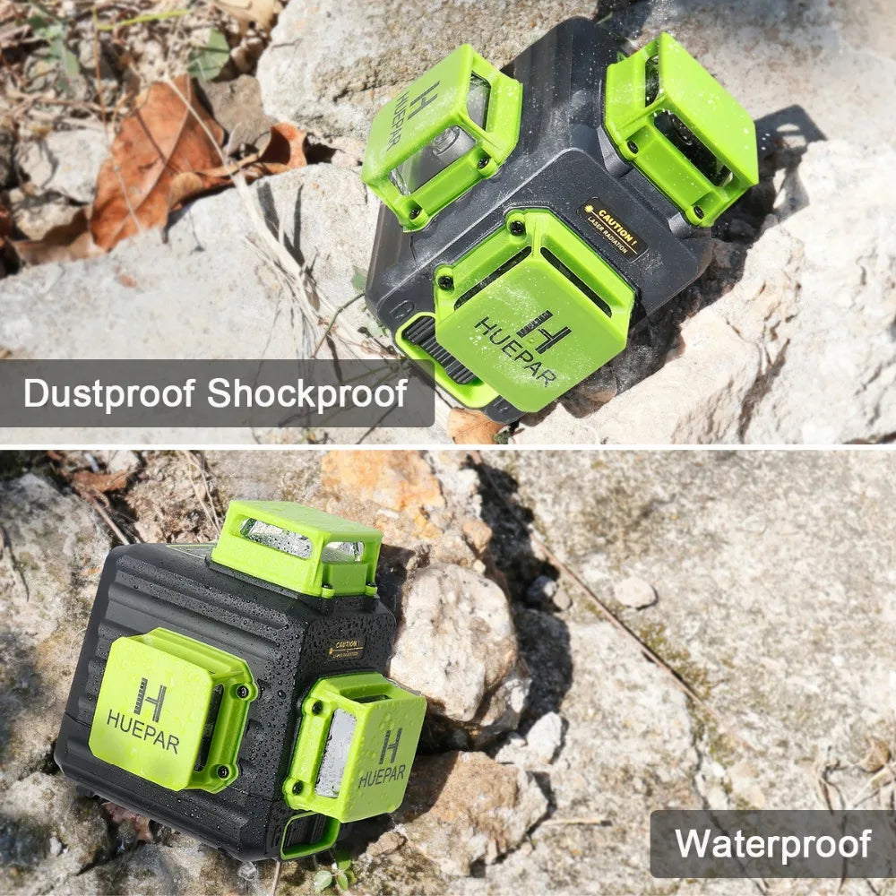 Huepar 12 Lines 3D Green Laser Level Horizontal And Vertical Cross Lines Auto Self-Leveling With Hard Case, Indoors and Outdoors