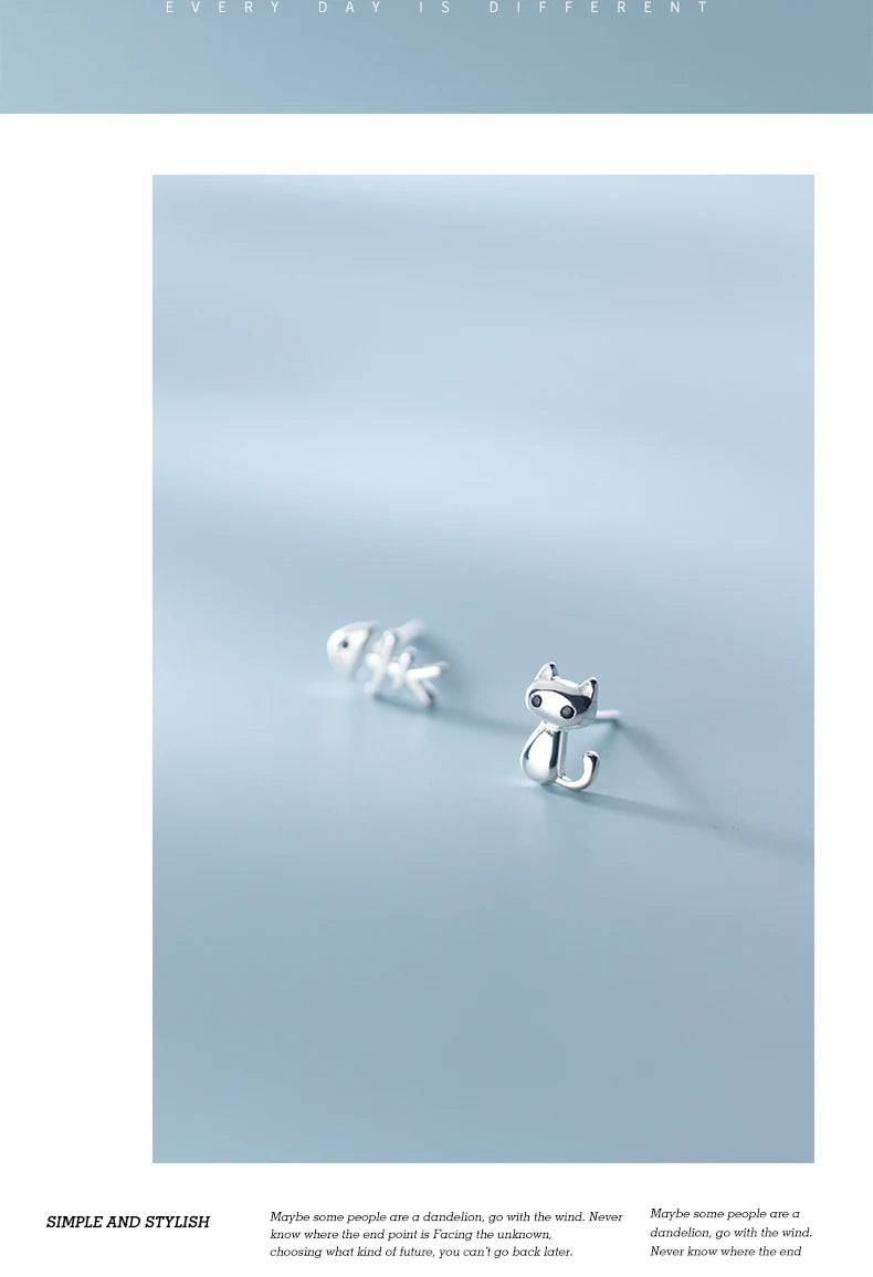 Trustdavis Genuine 925 Sterling Silver Sweet Asymmetric Cat Fish Bone CZ Stud Earrings For Women Wedding Jewelry DS2174