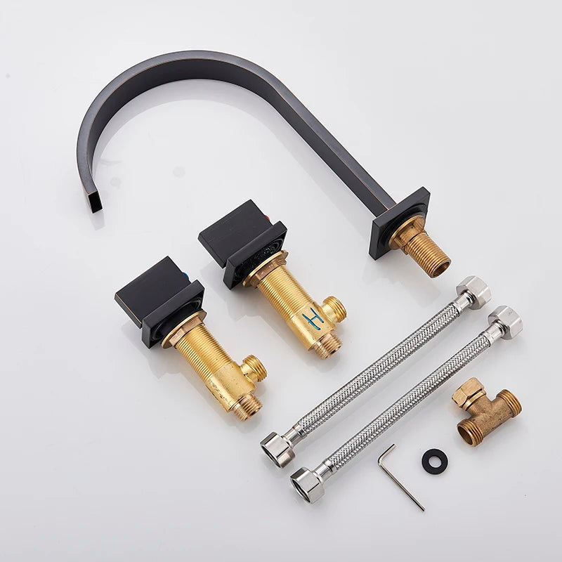 Bathroom Basin Faucet Separated Deck Mount Three Hole Daul Handwheel Cold Hot Water Mixer Bathroom Washing Sink Crane