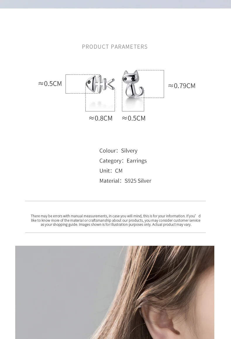 Trustdavis Genuine 925 Sterling Silver Sweet Asymmetric Cat Fish Bone CZ Stud Earrings For Women Wedding Jewelry DS2174