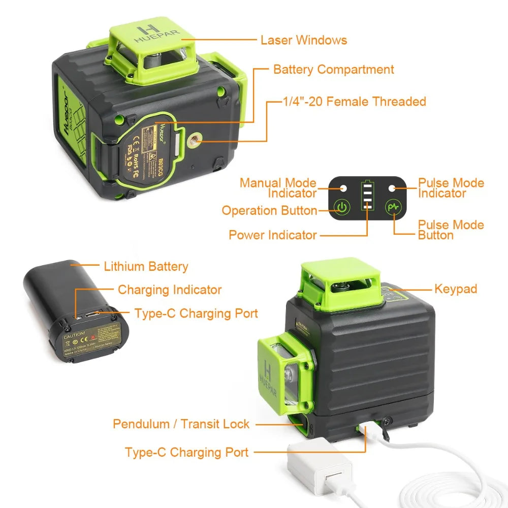 Huepar 12 Lines 3D Green Laser Level Horizontal And Vertical Cross Lines Auto Self-Leveling With Hard Case, Indoors and Outdoors