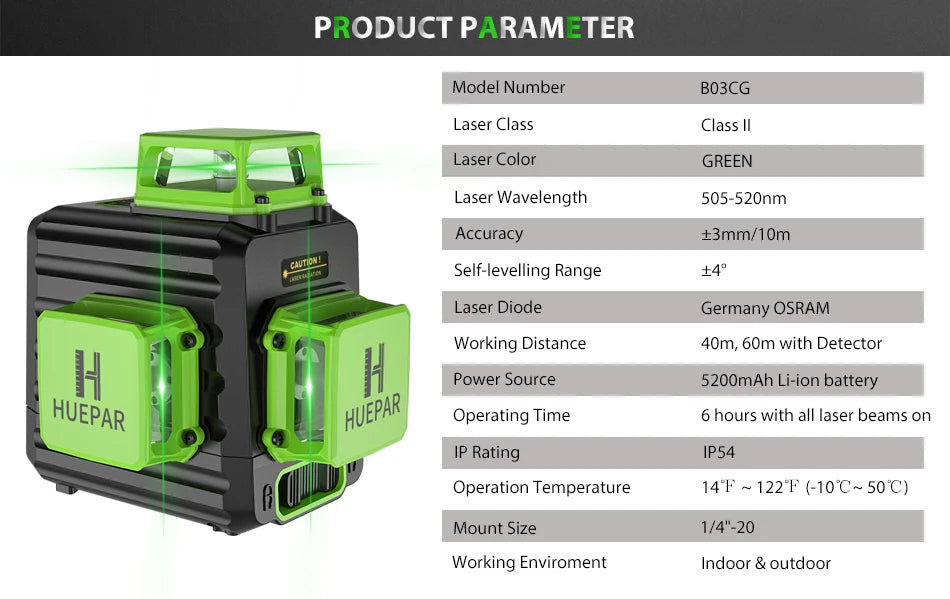Huepar 12 Lines 3D Green Laser Level Horizontal And Vertical Cross Lines Auto Self-Leveling With Hard Case, Indoors and Outdoors