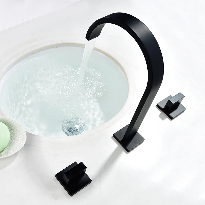 Bathroom Basin Faucet Separated Deck Mount Three Hole Daul Handwheel Cold Hot Water Mixer Bathroom Washing Sink Crane