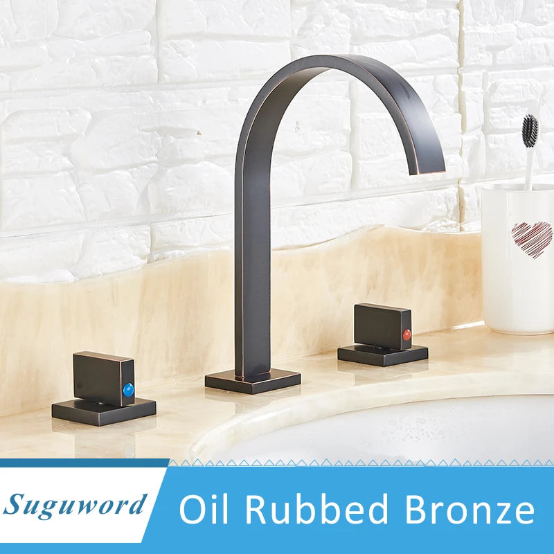 Bathroom Basin Faucet Separated Deck Mount Three Hole Daul Handwheel Cold Hot Water Mixer Bathroom Washing Sink Crane