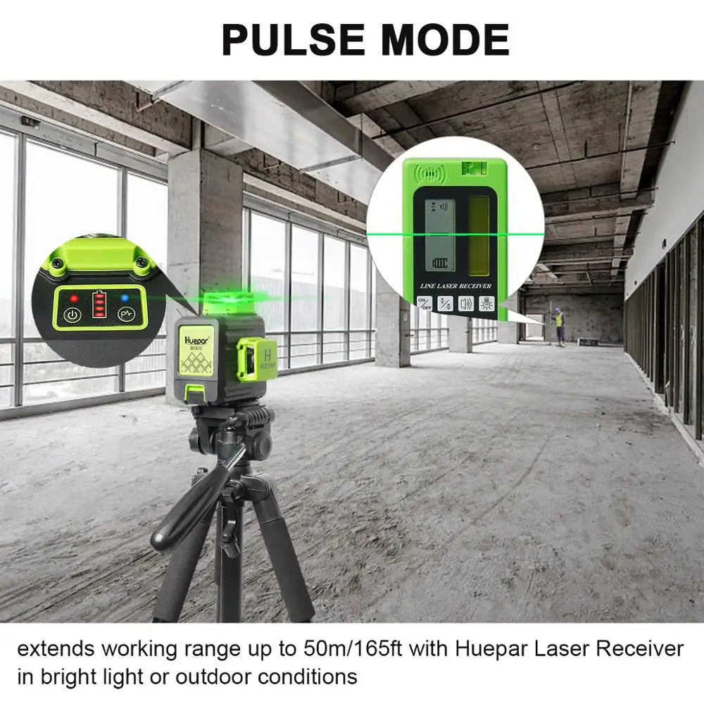 Huepar 12 Lines 3D Green Laser Level Horizontal And Vertical Cross Lines Auto Self-Leveling With Hard Case, Indoors and Outdoors