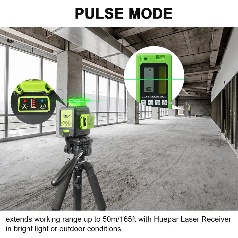 Huepar 12 Lines 3D Green Laser Level Horizontal And Vertical Cross Lines Auto Self-Leveling With Hard Case, Indoors and Outdoors