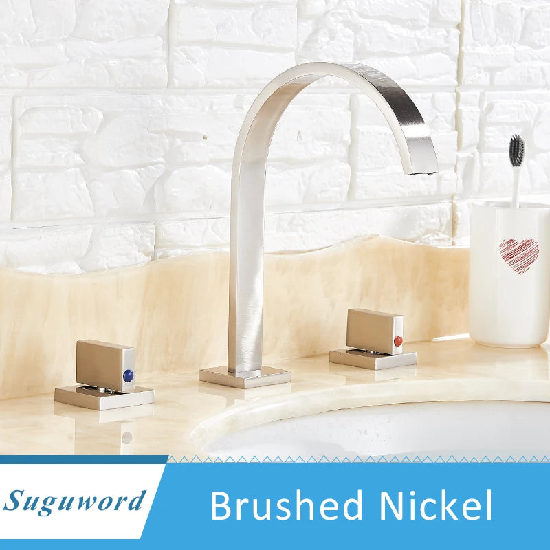 Bathroom Basin Faucet Separated Deck Mount Three Hole Daul Handwheel Cold Hot Water Mixer Bathroom Washing Sink Crane