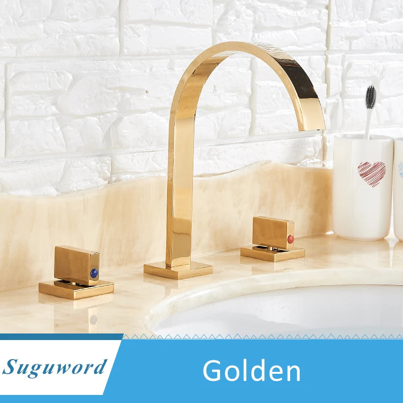 Bathroom Basin Faucet Separated Deck Mount Three Hole Daul Handwheel Cold Hot Water Mixer Bathroom Washing Sink Crane