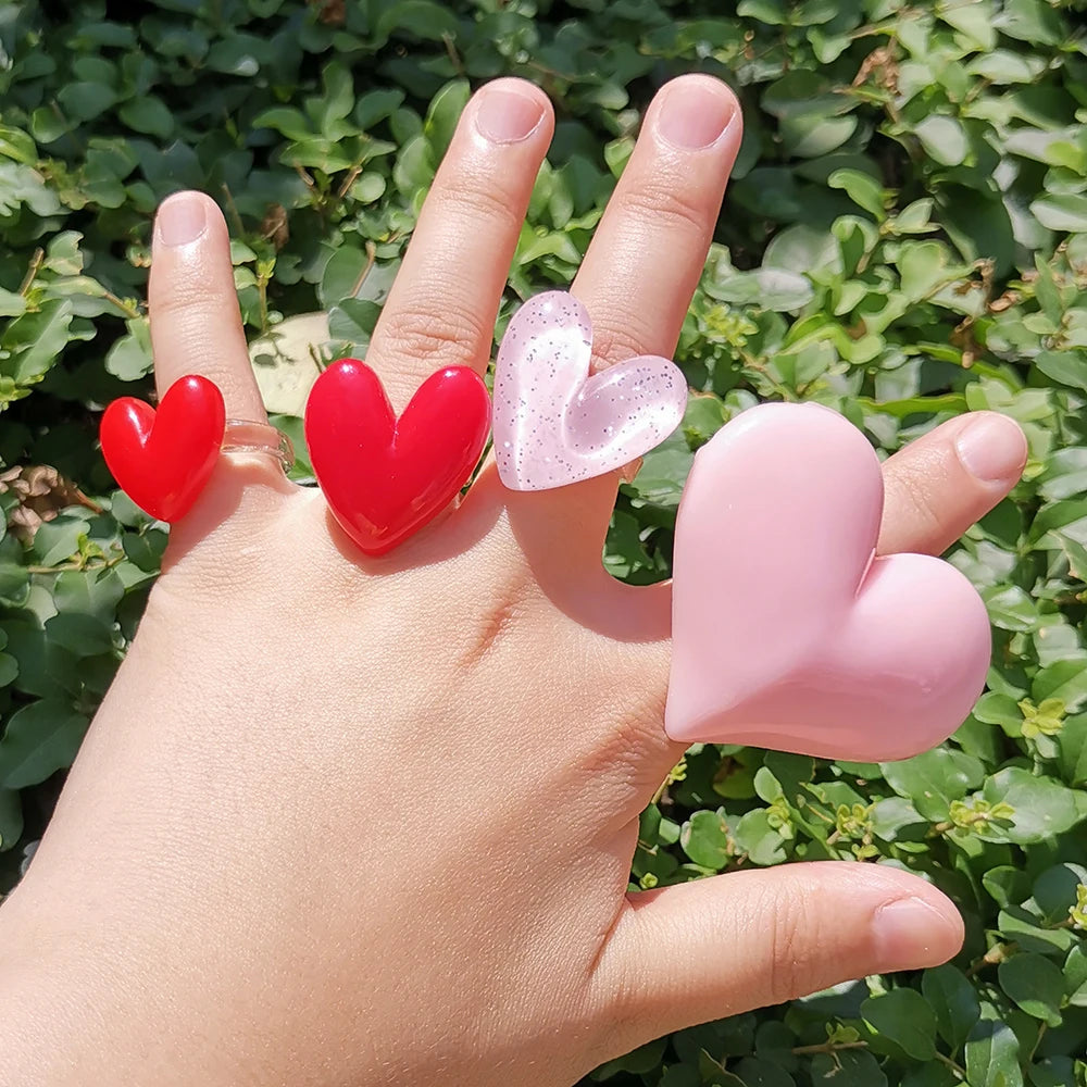 Lost Lady Cute Exaggerated Big Red Heart Rings for Women Girls Statement Resin Finger Rings Jewelry Gift Accessories