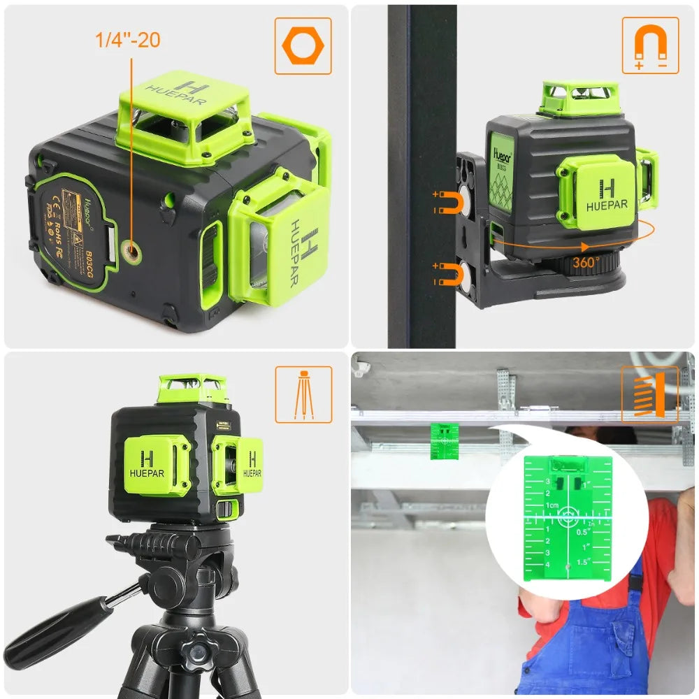 Huepar 12 Lines 3D Green Laser Level Horizontal And Vertical Cross Lines Auto Self-Leveling With Hard Case, Indoors and Outdoors
