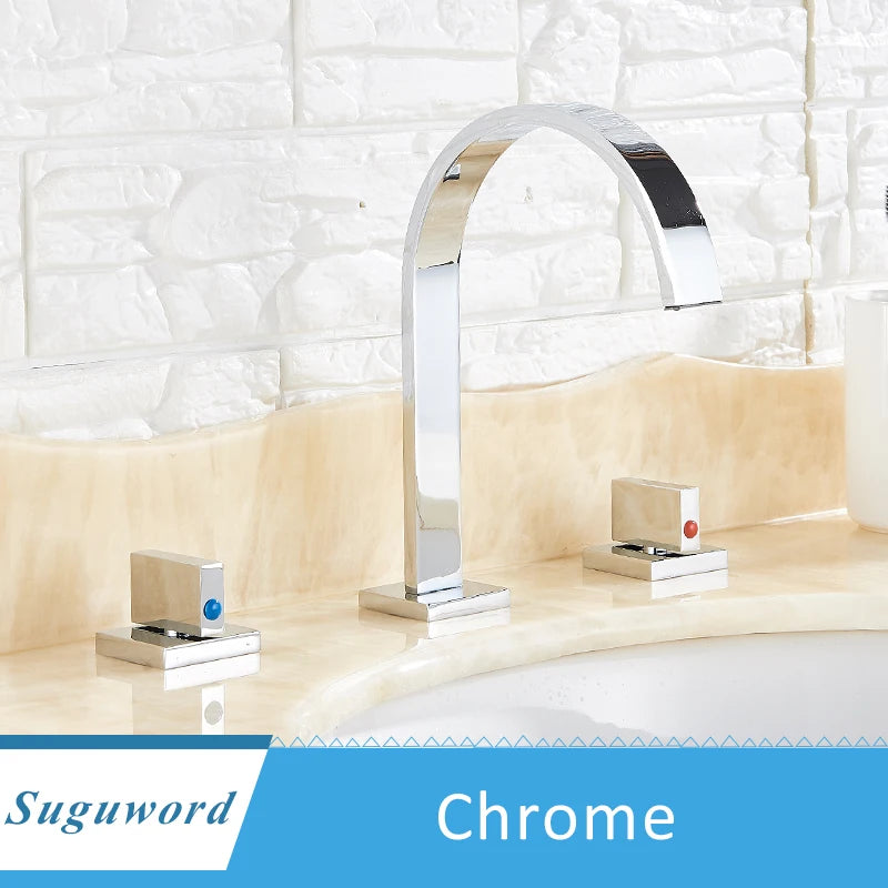 Bathroom Basin Faucet Separated Deck Mount Three Hole Daul Handwheel Cold Hot Water Mixer Bathroom Washing Sink Crane
