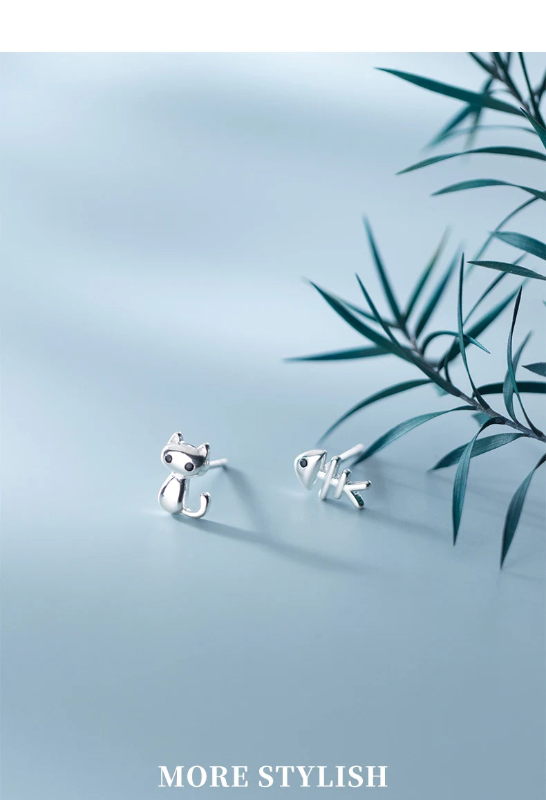 Trustdavis Genuine 925 Sterling Silver Sweet Asymmetric Cat Fish Bone CZ Stud Earrings For Women Wedding Jewelry DS2174