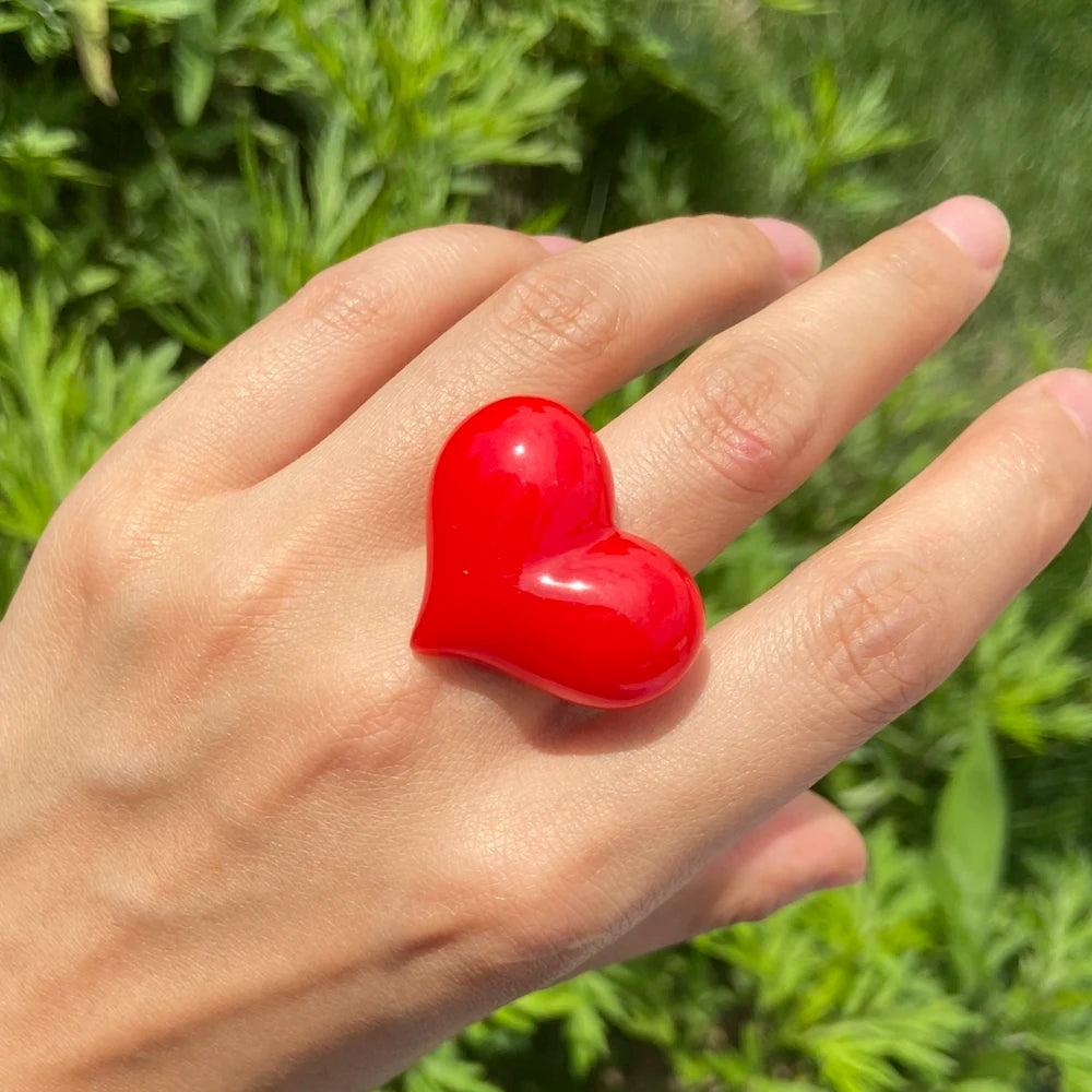 Lost Lady Cute Exaggerated Big Red Heart Rings for Women Girls Statement Resin Finger Rings Jewelry Gift Accessories