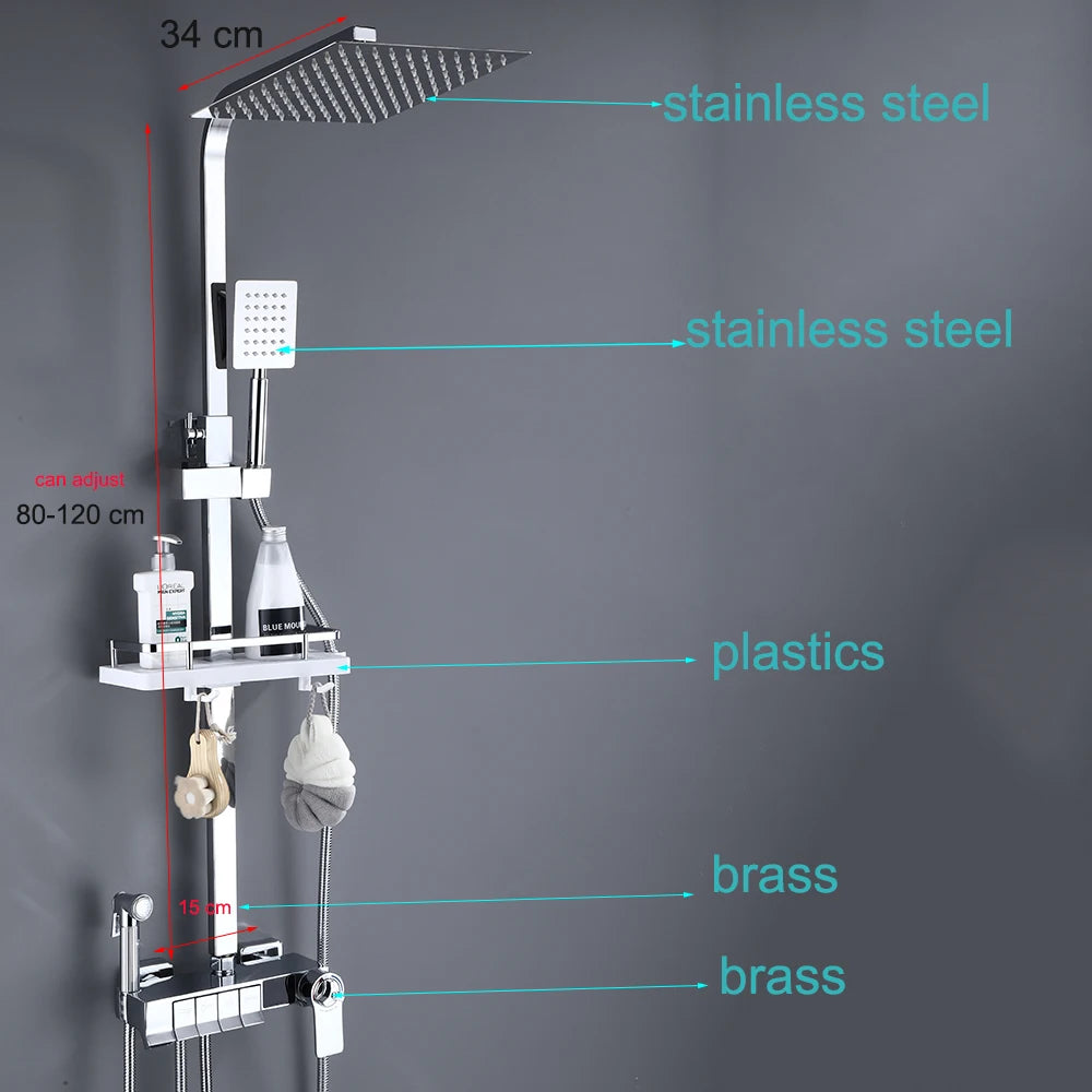 Display Thermostatic Shower Faucet Set Piano Butto Rainfall Bathtub Tap With Bathroom Shelf Water Flow Produces Electricity