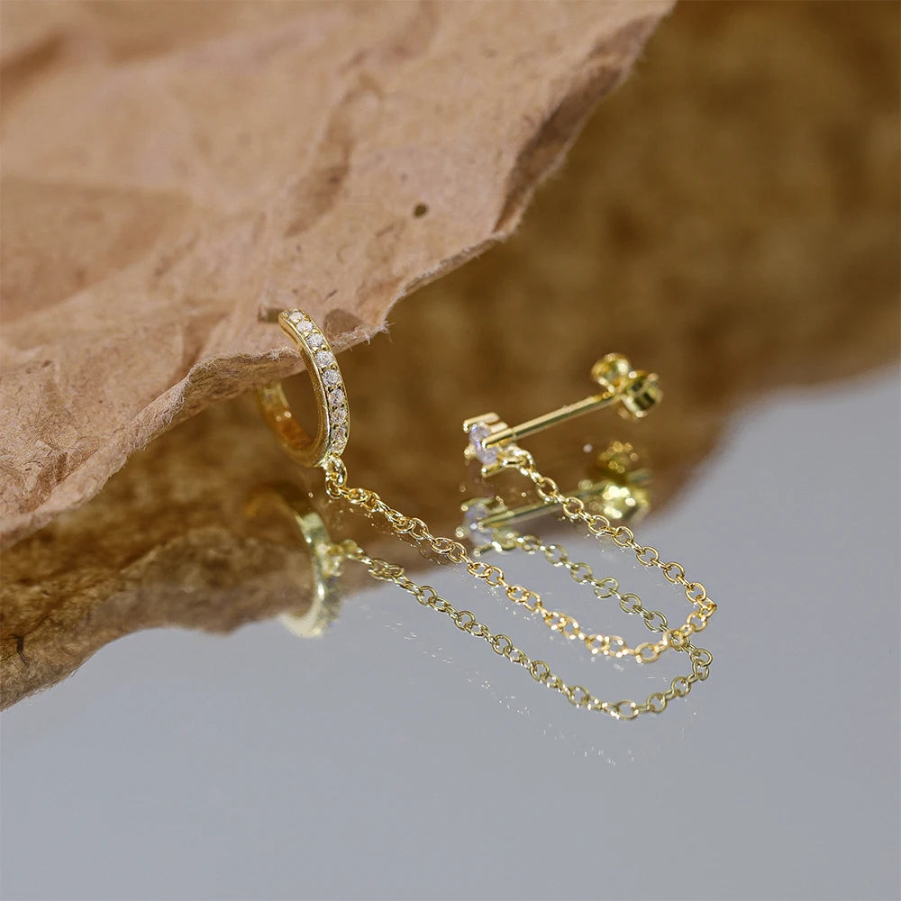 Aide 1pc 925 Sterling Silver Shimmering Clear CZ Zircon Ear Cuff With Chain Tassel Stud For Women Gift Cartilage Clip Earrings