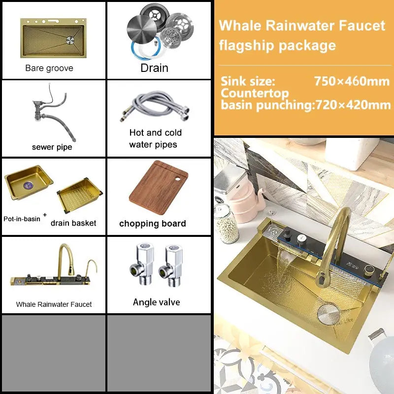 Waterfall Kitchen Sink Stainless Steel Extra Large Single Slot Cup Washer Embossed Digital Display Multifunctional Sinks