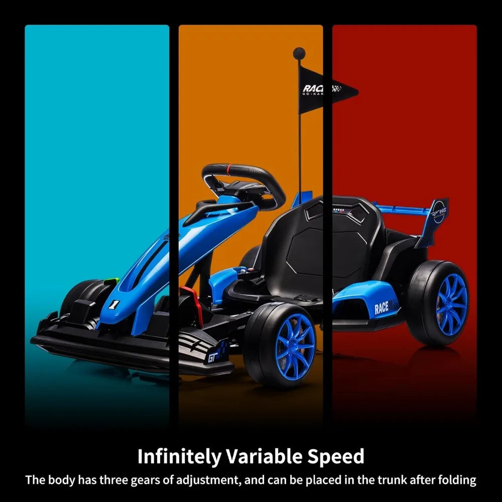 Electric drifting kart with adjustable seats and 24V outdoor riding toy with variable speed mode, suitable for children aged 6+