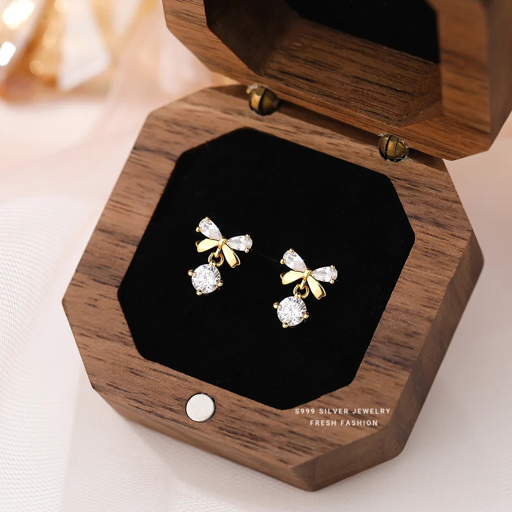 Real 925 Sterling Silver Fashion Romantic Delicate Zircon Bow Stud Earrings For Women Wedding Fine Jewelry
