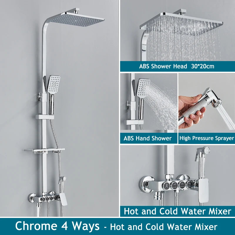 Shinesia Thermostatic Shower System Set Digital Display Rainfall Shower Faucet Mixer Bathroom Bathtub Tap With Shelf White/Black