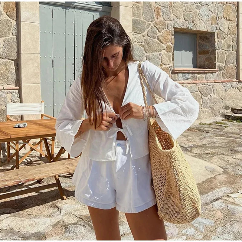 Fashion V-neck Lace-up White Shirt Women Blouses Casual Long-sleeved Loose Tops 2024 Spring Female Chic Office Ladies Outwear