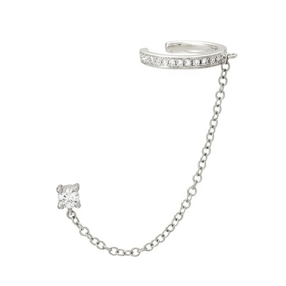 Aide 1pc 925 Sterling Silver Shimmering Clear CZ Zircon Ear Cuff With Chain Tassel Stud For Women Gift Cartilage Clip Earrings