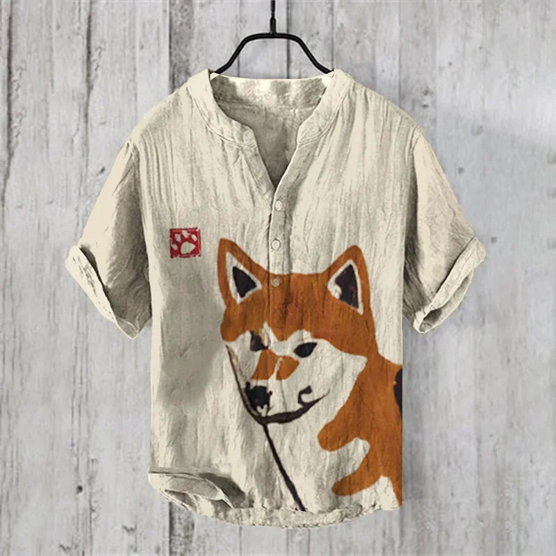 Henry Shirt Retro Fashion Trend Button Cardigan Shirt Men's Summer V-Neck Shirt 3D Printed Men's Short Sleeve Top