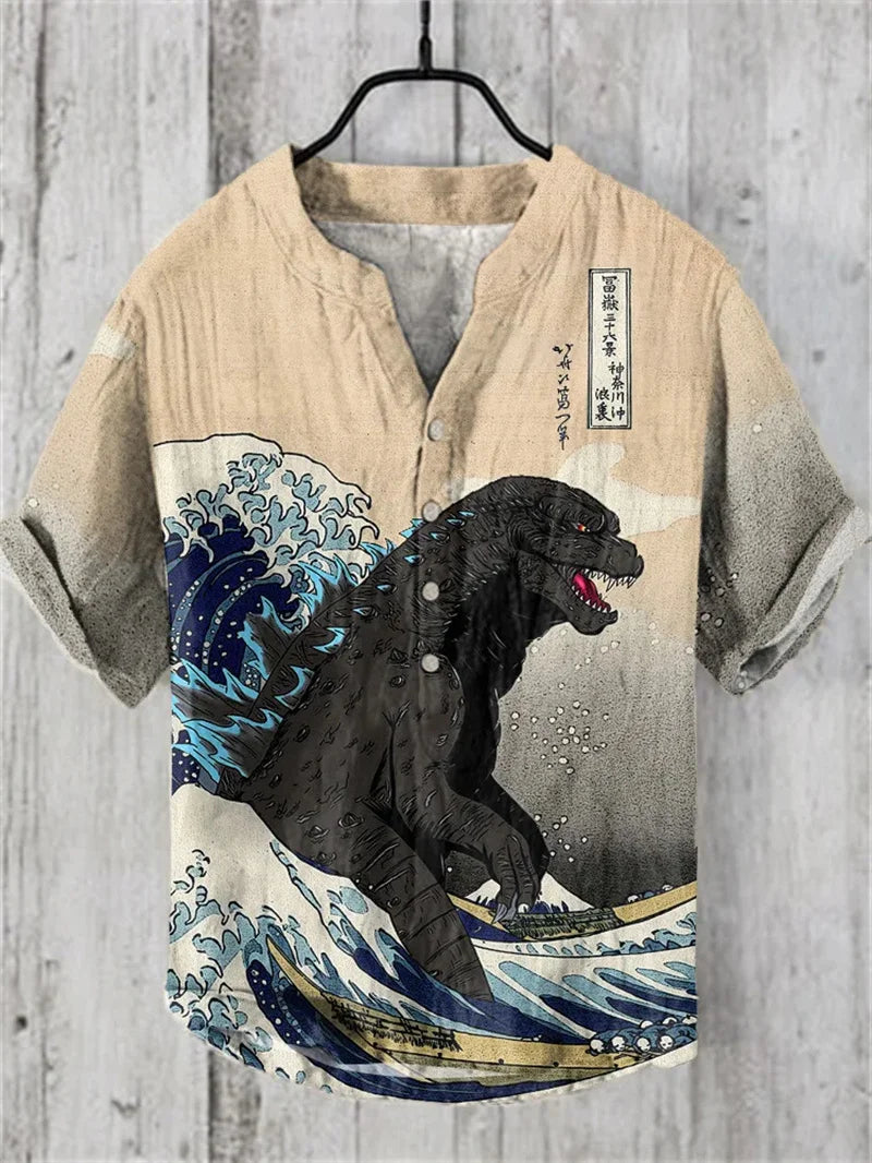 Henry Shirt Retro Fashion Trend Button Cardigan Shirt Men's Summer V-Neck Shirt 3D Printed Men's Short Sleeve Top