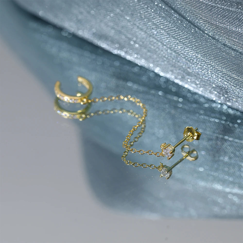 Aide 1pc 925 Sterling Silver Shimmering Clear CZ Zircon Ear Cuff With Chain Tassel Stud For Women Gift Cartilage Clip Earrings