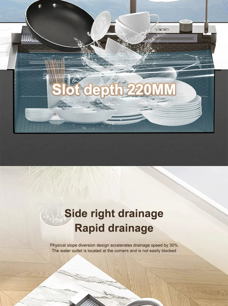 Waterfall Kitchen Sink Stainless Steel Extra Large Single Slot Cup Washer Embossed Digital Display Multifunctional Sinks
