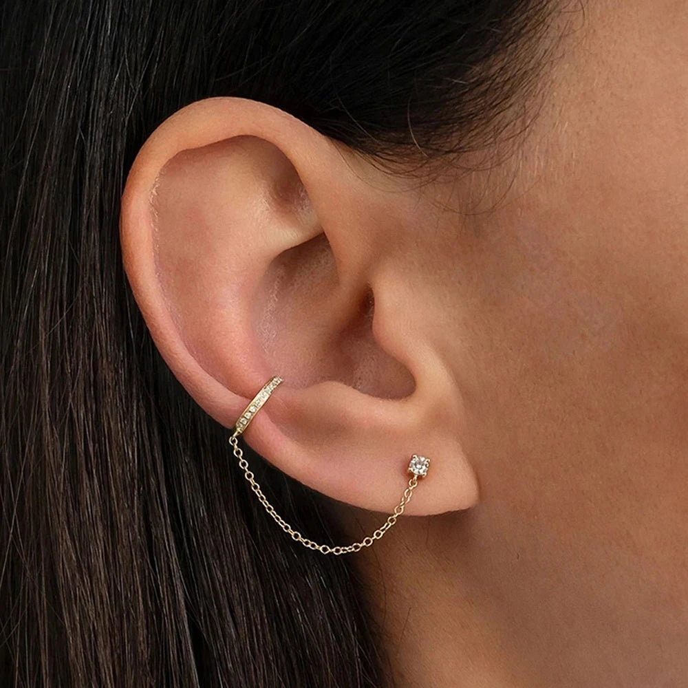 Aide 1pc 925 Sterling Silver Shimmering Clear CZ Zircon Ear Cuff With Chain Tassel Stud For Women Gift Cartilage Clip Earrings