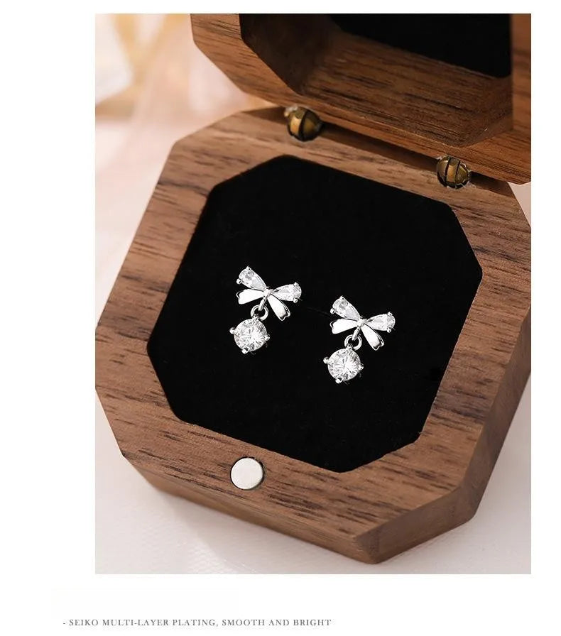 Real 925 Sterling Silver Fashion Romantic Delicate Zircon Bow Stud Earrings For Women Wedding Fine Jewelry