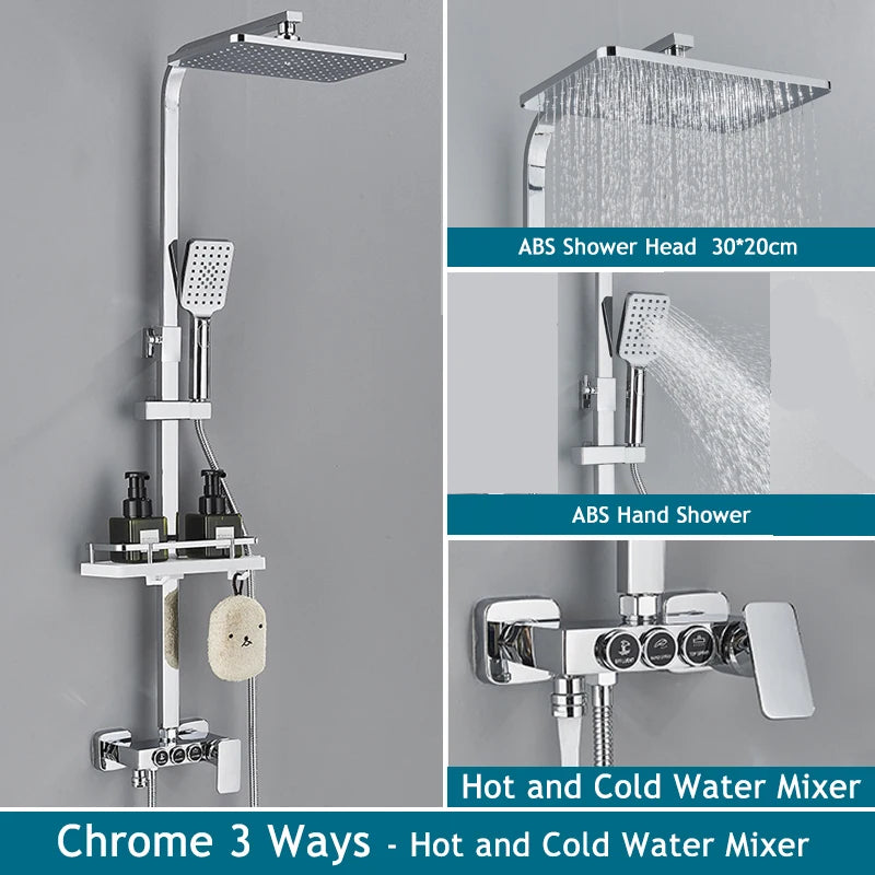Shinesia Thermostatic Shower System Set Digital Display Rainfall Shower Faucet Mixer Bathroom Bathtub Tap With Shelf White/Black