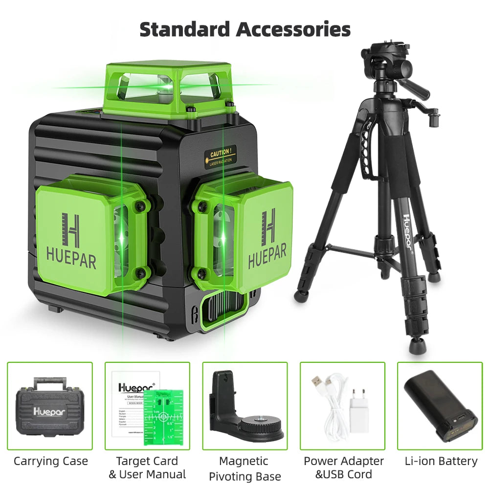 Huepar 12 Lines 3D Green Laser Level Horizontal And Vertical Cross Lines Auto Self-Leveling With Hard Case, Indoors and Outdoors