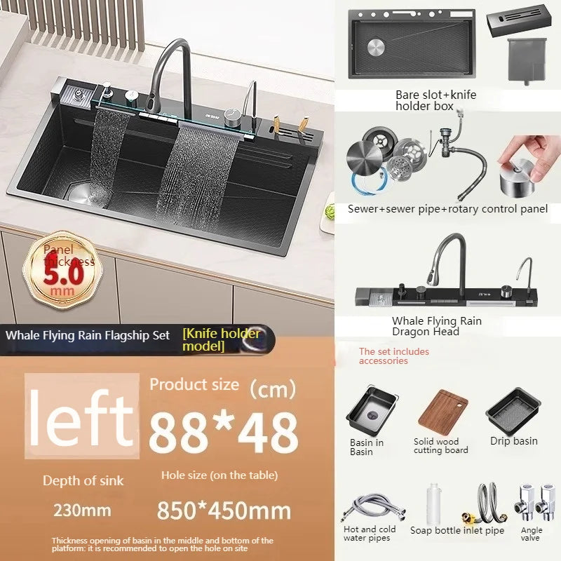 Waterfall Kitchen Sink Stainless Steel Extra Large Single Slot Cup Washer Embossed Digital Display Multifunctional Sinks