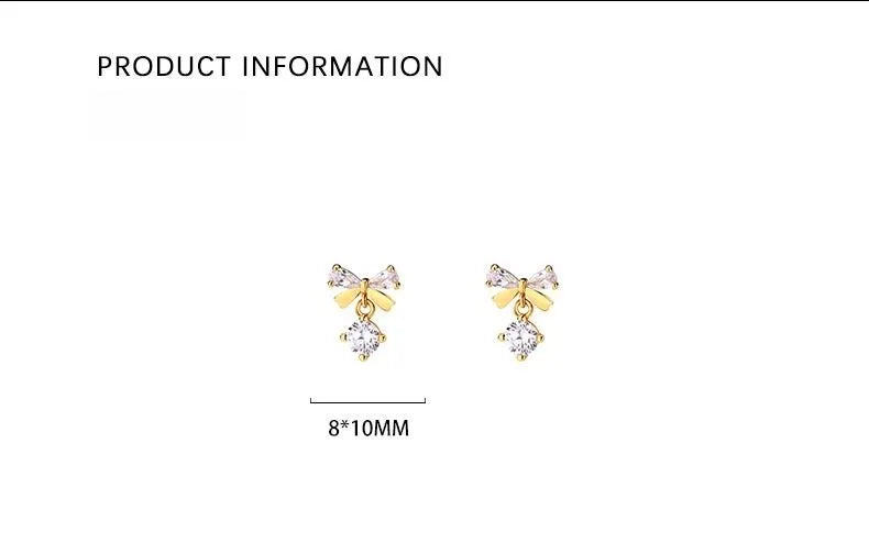 Real 925 Sterling Silver Fashion Romantic Delicate Zircon Bow Stud Earrings For Women Wedding Fine Jewelry