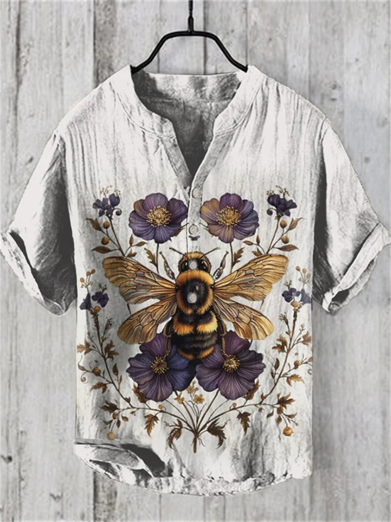 Henry Shirt Retro Fashion Trend Button Cardigan Shirt Men's Summer V-Neck Shirt 3D Printed Men's Short Sleeve Top