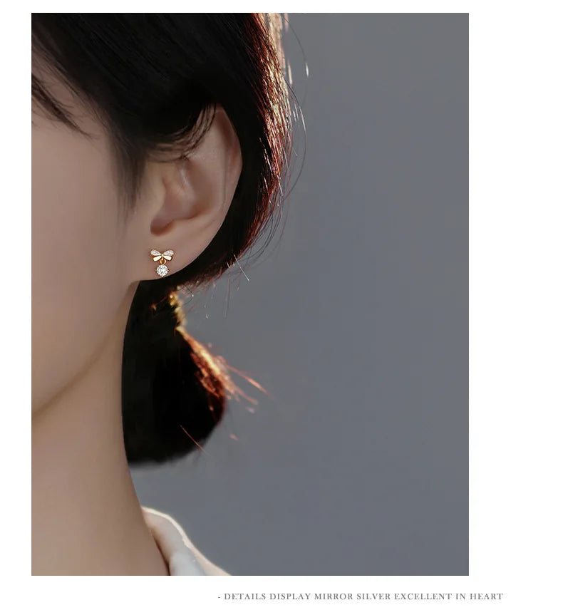 Real 925 Sterling Silver Fashion Romantic Delicate Zircon Bow Stud Earrings For Women Wedding Fine Jewelry