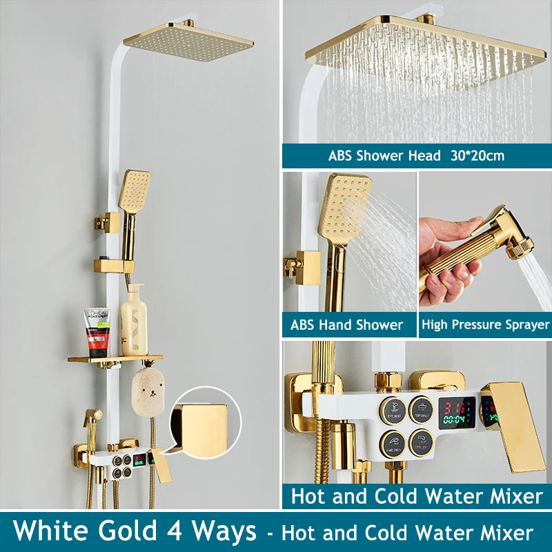 Shinesia Thermostatic Shower System Set Digital Display Rainfall Shower Faucet Mixer Bathroom Bathtub Tap With Shelf White/Black