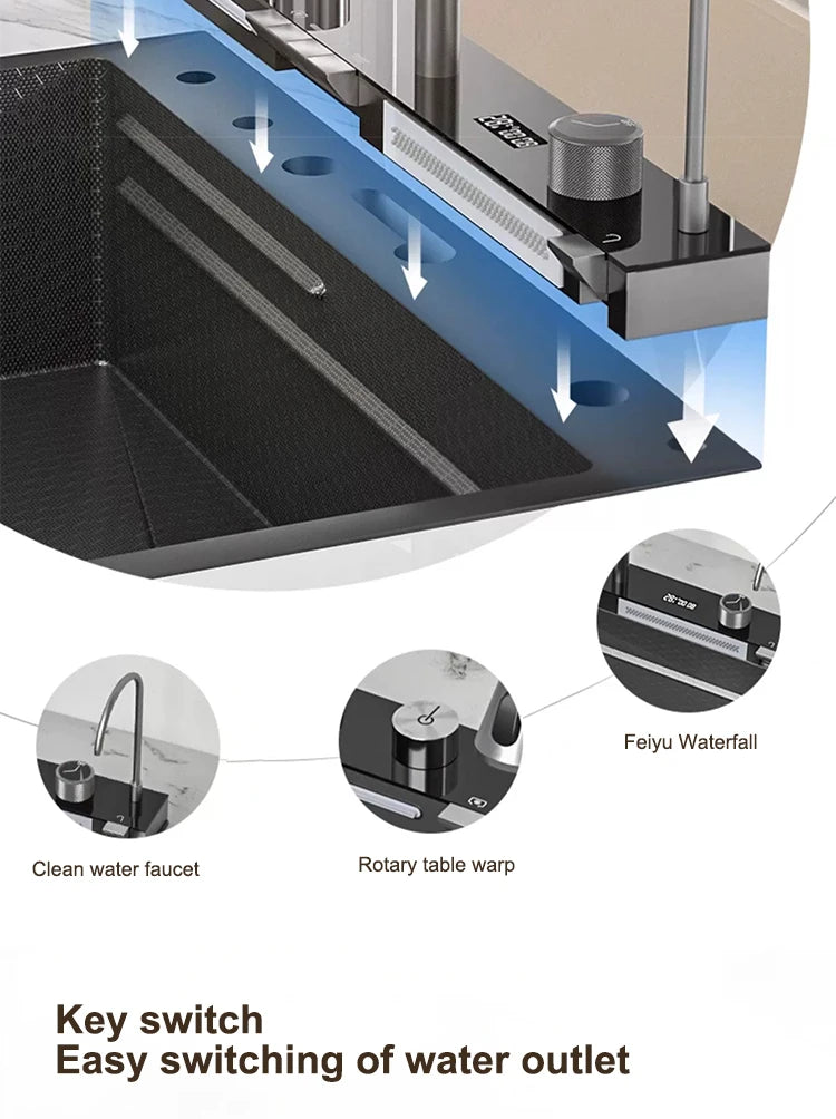 Waterfall Kitchen Sink Stainless Steel Extra Large Single Slot Cup Washer Embossed Digital Display Multifunctional Sinks