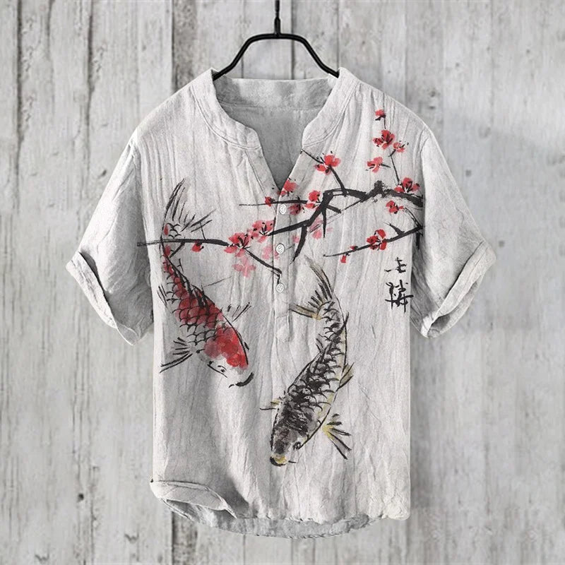 Henry Shirt Retro Fashion Trend Button Cardigan Shirt Men's Summer V-Neck Shirt 3D Printed Men's Short Sleeve Top