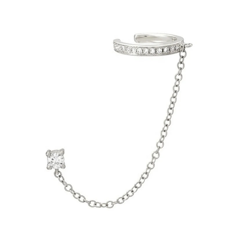 Aide 1pc 925 Sterling Silver Shimmering Clear CZ Zircon Ear Cuff With Chain Tassel Stud For Women Gift Cartilage Clip Earrings