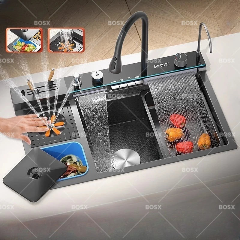 Waterfall Kitchen Sink Stainless Steel Extra Large Single Slot Cup Washer Embossed Digital Display Multifunctional Sinks
