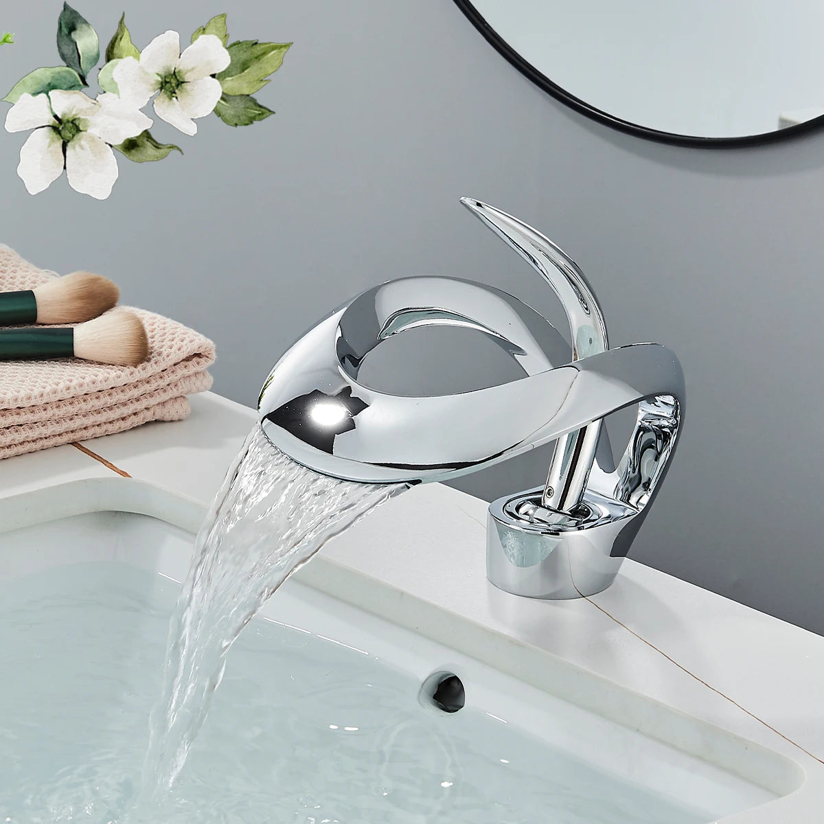 ALL Brass Black Bathroom Basin Faucet Waterfall Hot Cold Water Mixer Tap Deck Mounted Single Handle Modern Style Mixer Crane