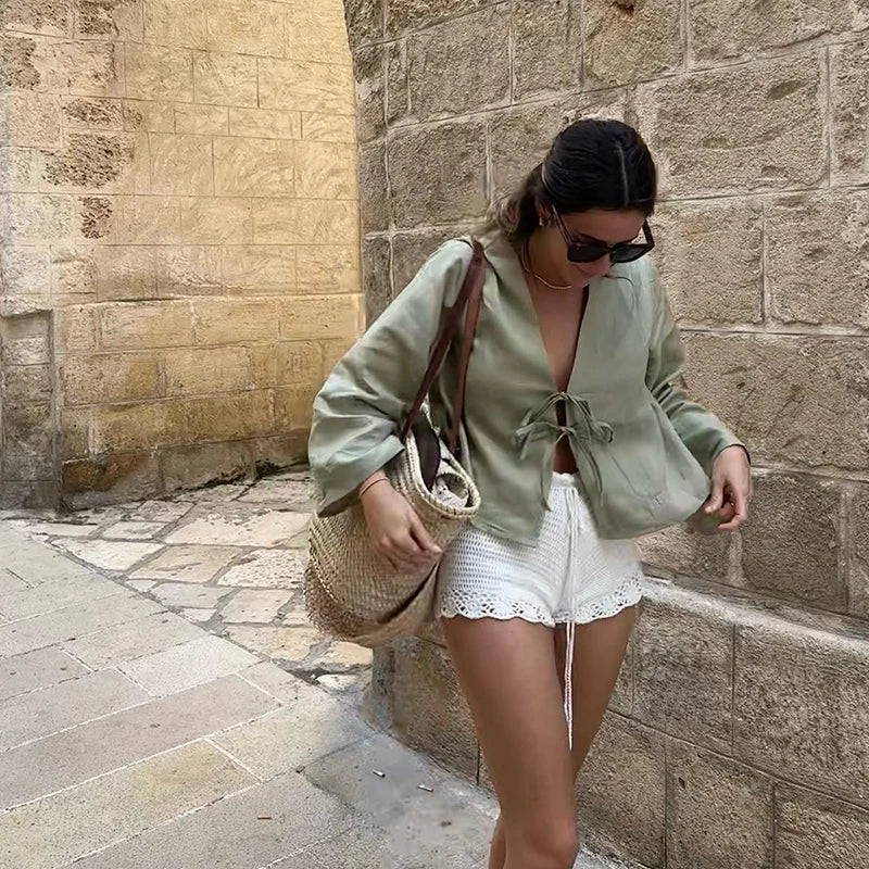 Fashion V-neck Lace-up White Shirt Women Blouses Casual Long-sleeved Loose Tops 2024 Spring Female Chic Office Ladies Outwear