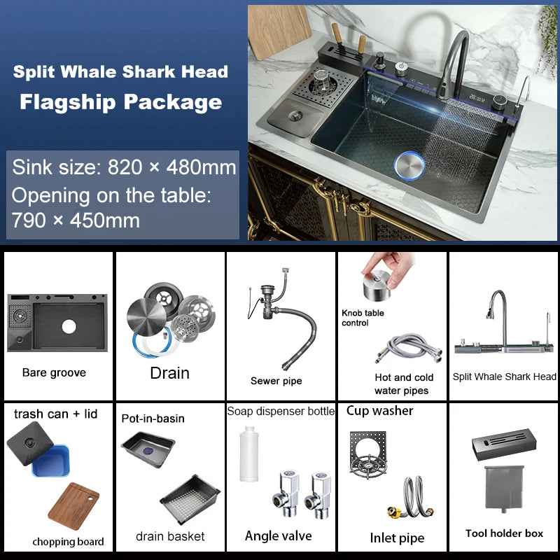 Waterfall Kitchen Sink Stainless Steel Extra Large Single Slot Cup Washer Embossed Digital Display Multifunctional Sinks
