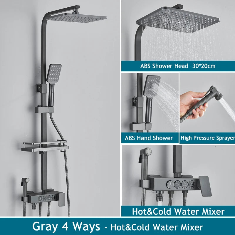 Shinesia Thermostatic Shower System Set Digital Display Rainfall Shower Faucet Mixer Bathroom Bathtub Tap With Shelf White/Black